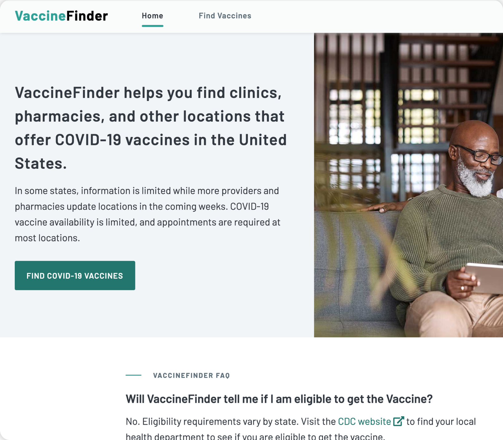 VaccineFinder home page before redesign