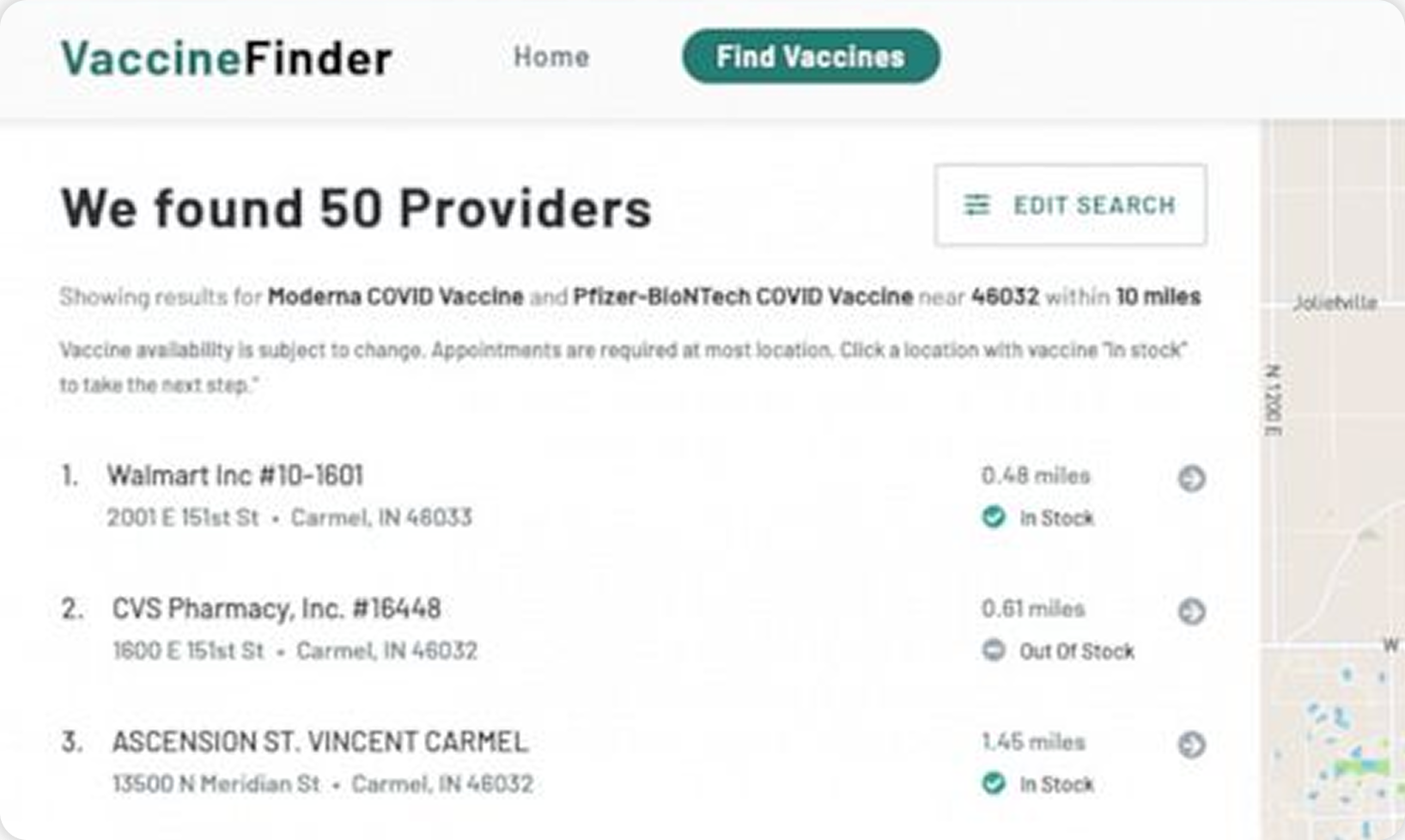 VaccineFinder results page before redesign