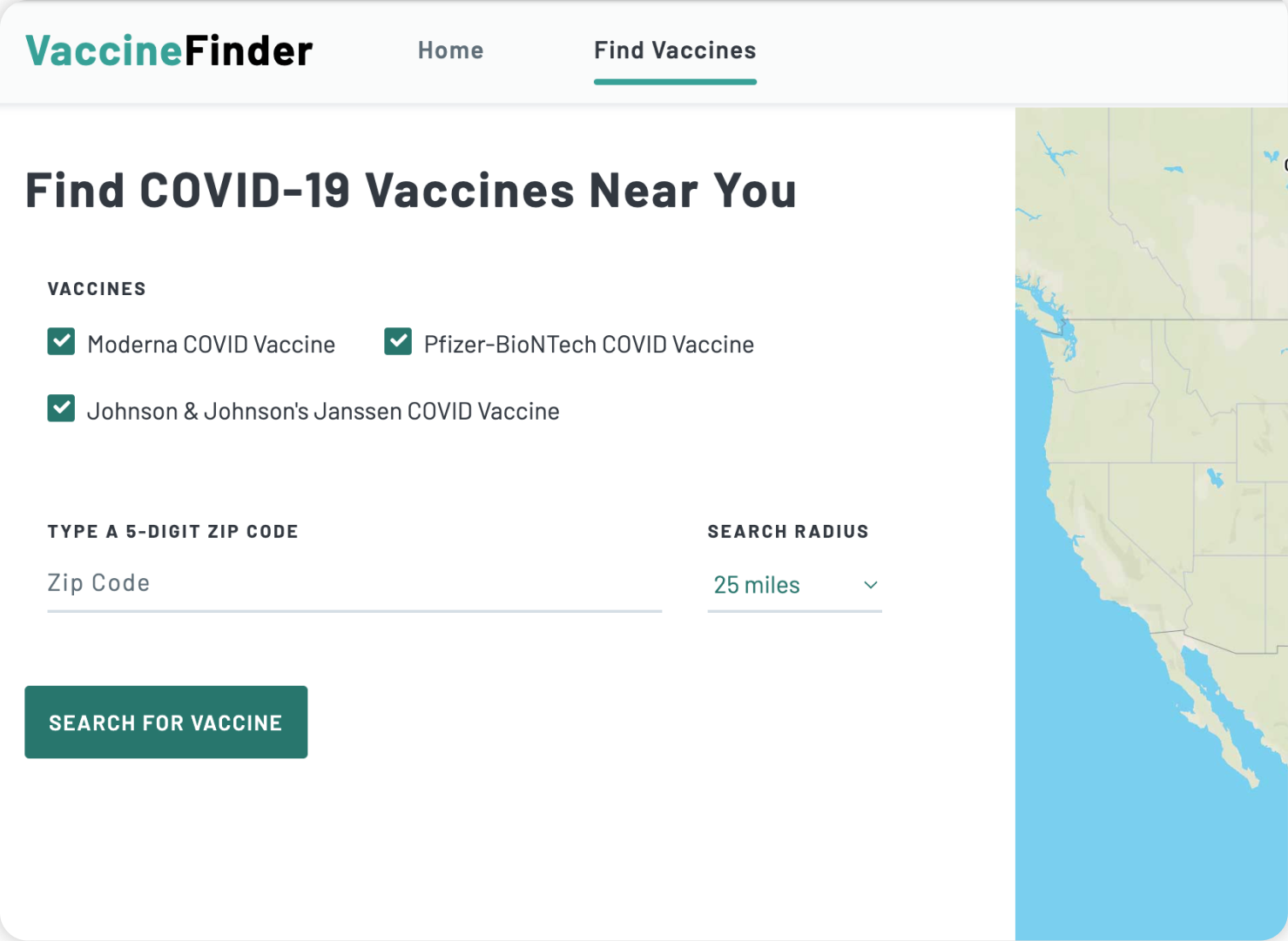 VaccineFinder search page before redesign