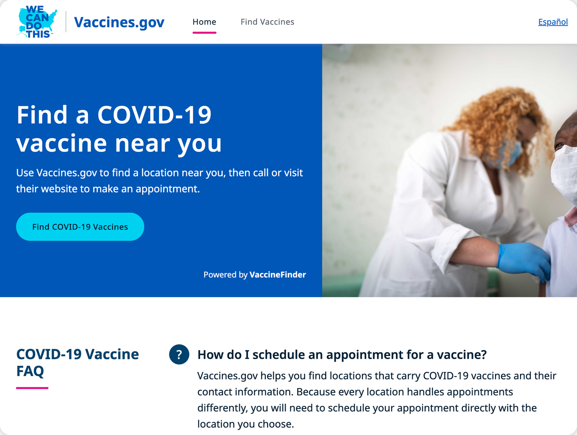Vaccines.gov landing page after redesign