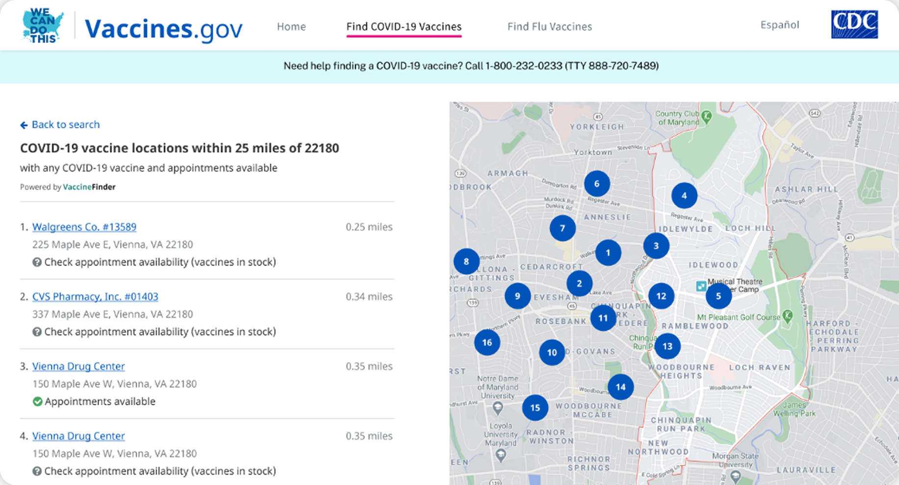 Vaccines.gov location results after redesign