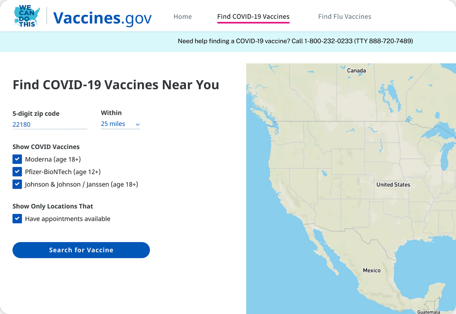 Vaccines.gov search page after redesign